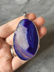 XL Sterling Silver Dipped Purple & Gray Natural Agate GRADE A slice, glass beads circle long oval mandala necklace tree ring striped pendant