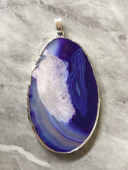 XL Sterling Silver Dipped Purple & Gray Natural Agate GRADE A slice, glass beads circle long oval mandala necklace tree ring striped pendant