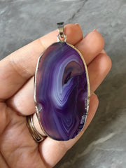 XL Sterling Silver Dipped Purple & Gray Natural Agate GRADE A slice, glass beads circle long oval mandala necklace tree ring striped pendant