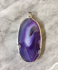XL Sterling Silver Dipped Purple & Gray Natural Agate GRADE A slice, glass beads circle long oval mandala necklace tree ring striped pendant