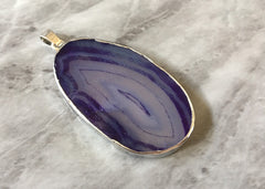 XL Sterling Silver Dipped Purple & Gray Natural Agate GRADE A slice, glass beads circle long oval mandala necklace tree ring striped pendant