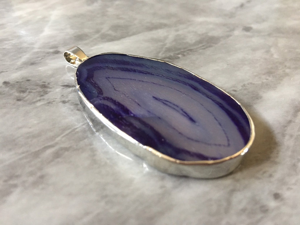 XL Sterling Silver Dipped Purple & Gray Natural Agate GRADE A slice, glass beads circle long oval mandala necklace tree ring striped pendant