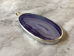 XL Sterling Silver Dipped Purple & Gray Natural Agate GRADE A slice, glass beads circle long oval mandala necklace tree ring striped pendant