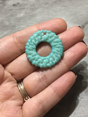 Teal Blue Ratton Acrylic Beads, circle cutout acrylic 32mm Earring Necklace pendant bead, one hole at top DIY blanks rattan straw hay