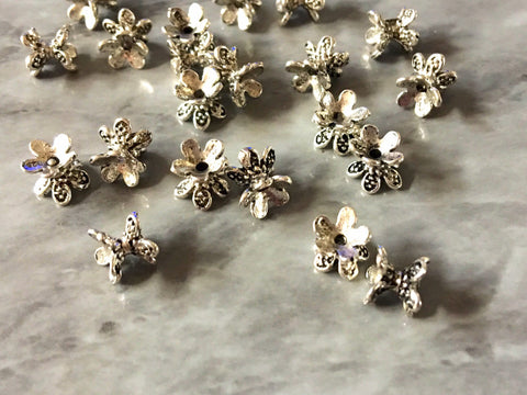 Tibetan Style WHOLESALE Double Sided Flower Bead Caps, 7mm long, silver bead caps, jewelry making bead spacers, silver necklace