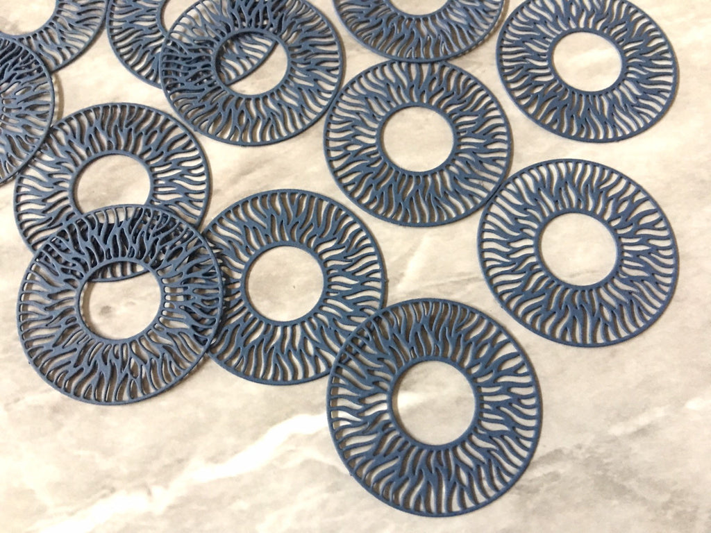 Filigree NAVY BLUE Beads, circle cutout acrylic 32mm Earring Necklace pendant bead painted metal filigree jewelry round circular sun mandala