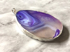 XL Sterling Silver Dipped Purple & Gray Natural Agate GRADE A slice, glass beads circle long oval mandala necklace tree ring striped pendant
