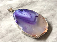 XL Sterling Silver Dipped Purple & Gray Natural Agate GRADE A slice, glass beads circle long oval mandala necklace tree ring striped pendant