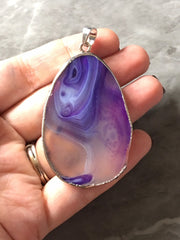XL Sterling Silver Dipped Purple & Gray Natural Agate GRADE A slice, glass beads circle long oval mandala necklace tree ring striped pendant