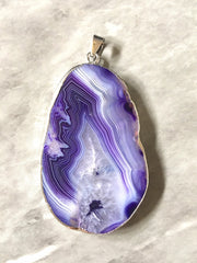 XL Sterling Silver Dipped Purple & Gray Natural Agate GRADE A slice, glass beads circle long oval mandala necklace tree ring striped pendant