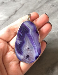 XL Sterling Silver Dipped Purple & Gray Natural Agate GRADE A slice, glass beads circle long oval mandala necklace tree ring striped pendant