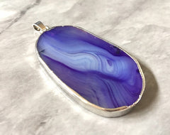 XL Sterling Silver Dipped Purple & Gray Natural Agate GRADE A slice, glass beads circle long oval mandala necklace tree ring striped pendant