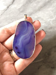XL Sterling Silver Dipped Purple & Gray Natural Agate GRADE A slice, glass beads circle long oval mandala necklace tree ring striped pendant