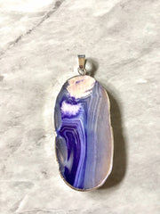 XL Sterling Silver Dipped Purple & Gray Natural Agate GRADE A slice, glass beads circle long oval mandala necklace tree ring striped pendant