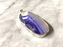 XL Sterling Silver Dipped Purple & Gray Natural Agate GRADE A slice, glass beads circle long oval mandala necklace tree ring striped pendant