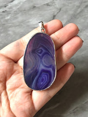 XL Sterling Silver Dipped Purple & Gray Natural Agate GRADE A slice, glass beads circle long oval mandala necklace tree ring striped pendant
