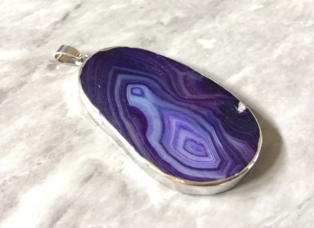 XL Sterling Silver Dipped Purple & Gray Natural Agate GRADE A slice, glass beads circle long oval mandala necklace tree ring striped pendant