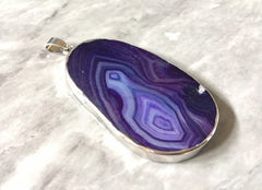 XL Sterling Silver Dipped Purple & Gray Natural Agate GRADE A slice, glass beads circle long oval mandala necklace tree ring striped pendant