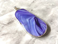 XL Sterling Silver Dipped Purple & Gray Natural Agate GRADE A slice, glass beads circle long oval mandala necklace tree ring striped pendant