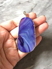 XL Sterling Silver Dipped Purple & Gray Natural Agate GRADE A slice, glass beads circle long oval mandala necklace tree ring striped pendant