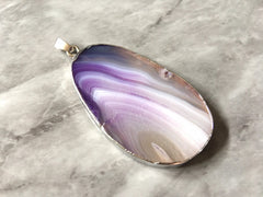 XL Sterling Silver Dipped Purple & Gray Natural Agate GRADE A slice, glass beads circle long oval mandala necklace tree ring striped pendant