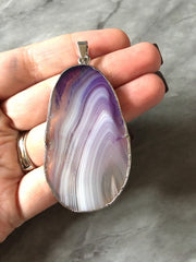 XL Sterling Silver Dipped Purple & Gray Natural Agate GRADE A slice, glass beads circle long oval mandala necklace tree ring striped pendant