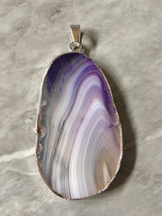 XL Sterling Silver Dipped Purple & Gray Natural Agate GRADE A slice, glass beads circle long oval mandala necklace tree ring striped pendant