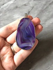 XL Sterling Silver Dipped Purple & Gray Natural Agate GRADE A slice, glass beads circle long oval mandala necklace tree ring striped pendant