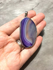 XL Sterling Silver Dipped Purple & Gray Natural Agate GRADE A slice, glass beads circle long oval mandala necklace tree ring striped pendant