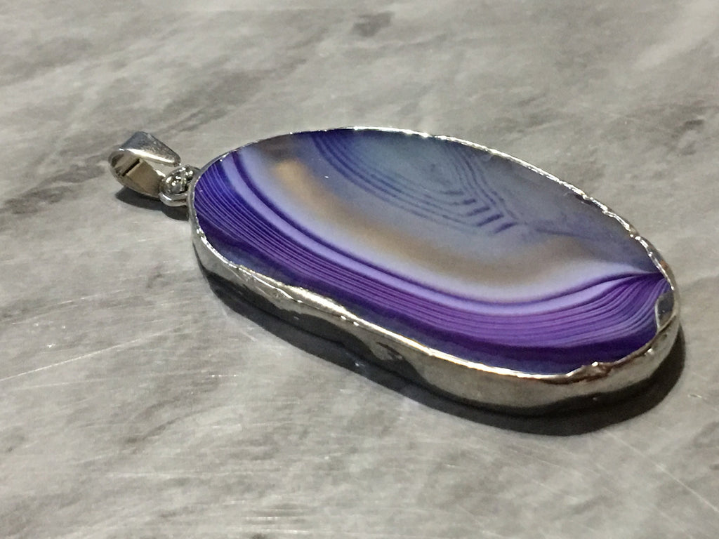 XL Sterling Silver Dipped Purple & Gray Natural Agate GRADE A slice, glass beads circle long oval mandala necklace tree ring striped pendant