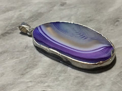 XL Sterling Silver Dipped Purple & Gray Natural Agate GRADE A slice, glass beads circle long oval mandala necklace tree ring striped pendant
