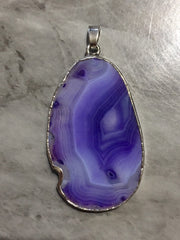 XL Sterling Silver Dipped Purple & Gray Natural Agate GRADE A slice, glass beads circle long oval mandala necklace tree ring striped pendant