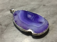 XL Sterling Silver Dipped Purple & Gray Natural Agate GRADE A slice, glass beads circle long oval mandala necklace tree ring striped pendant