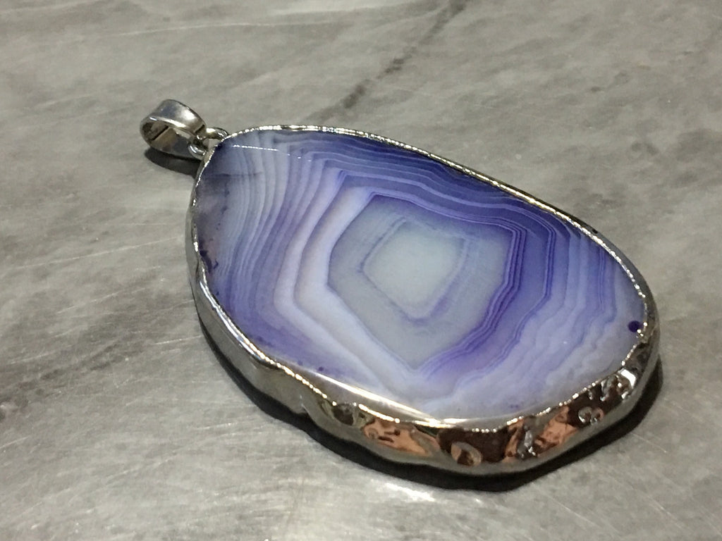XL Sterling Silver Dipped Purple & Gray Natural Agate GRADE A slice, glass beads circle long oval mandala necklace tree ring striped pendant