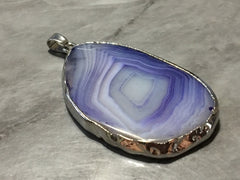 XL Sterling Silver Dipped Purple & Gray Natural Agate GRADE A slice, glass beads circle long oval mandala necklace tree ring striped pendant