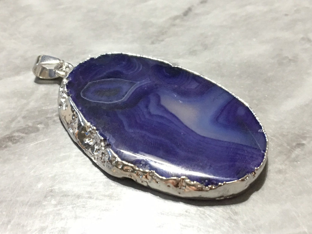 XL Sterling Silver Dipped Purple & Gray Natural Agate GRADE A slice, glass beads circle long oval mandala necklace tree ring striped pendant