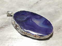 XL Sterling Silver Dipped Purple & Gray Natural Agate GRADE A slice, glass beads circle long oval mandala necklace tree ring striped pendant