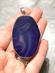 XL Sterling Silver Dipped Purple & Gray Natural Agate GRADE A slice, glass beads circle long oval mandala necklace tree ring striped pendant