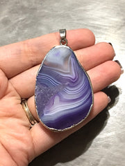 XL Sterling Silver Dipped Purple & Gray Natural Agate GRADE A slice, glass beads circle long oval mandala necklace tree ring striped pendant