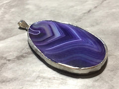 XL Sterling Silver Dipped Purple & Gray Natural Agate GRADE A slice, glass beads circle long oval mandala necklace tree ring striped pendant