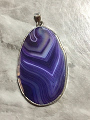 XL Sterling Silver Dipped Purple & Gray Natural Agate GRADE A slice, glass beads circle long oval mandala necklace tree ring striped pendant