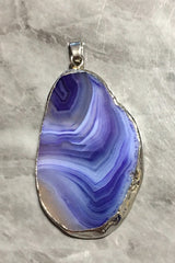 XL Sterling Silver Dipped Purple & Gray Natural Agate GRADE A slice, glass beads circle long oval mandala necklace tree ring striped pendant