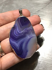 XL Sterling Silver Dipped Purple & Gray Natural Agate GRADE A slice, glass beads circle long oval mandala necklace tree ring striped pendant