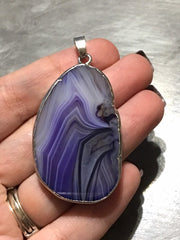 XL Sterling Silver Dipped Purple & Gray Natural Agate GRADE A slice, glass beads circle long oval mandala necklace tree ring striped pendant