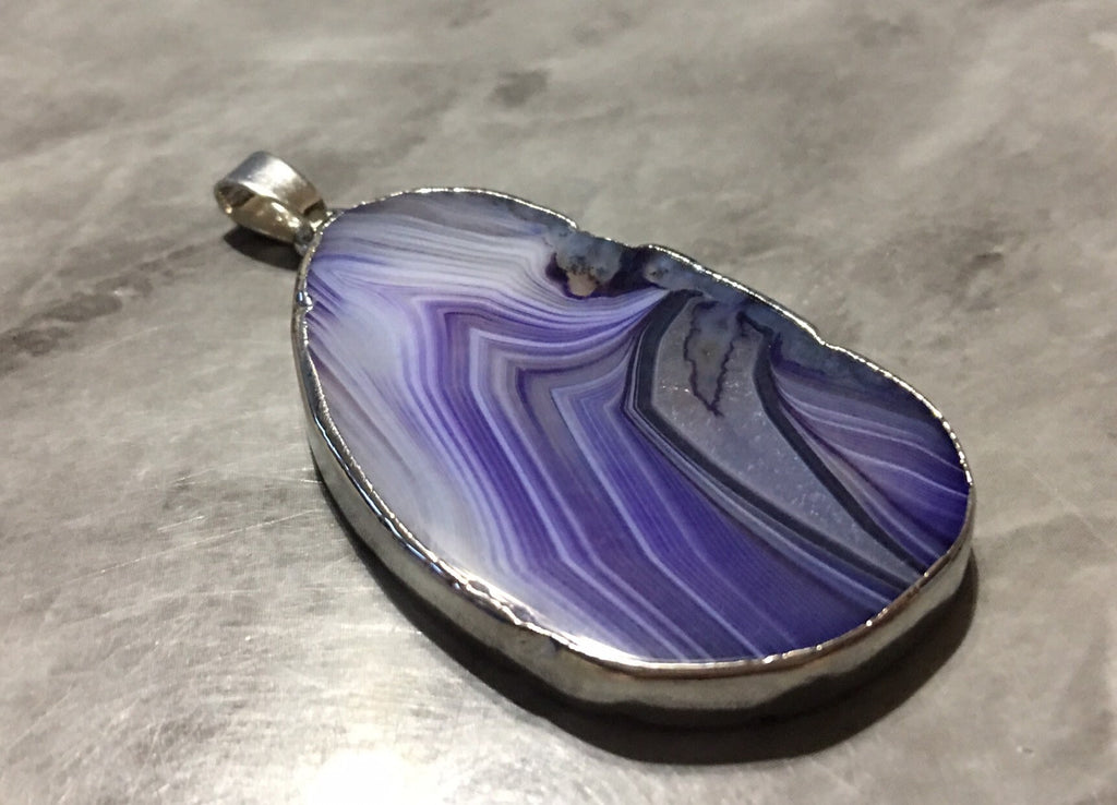 XL Sterling Silver Dipped Purple & Gray Natural Agate GRADE A slice, glass beads circle long oval mandala necklace tree ring striped pendant
