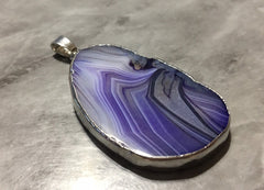 XL Sterling Silver Dipped Purple & Gray Natural Agate GRADE A slice, glass beads circle long oval mandala necklace tree ring striped pendant