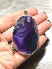 XL Sterling Silver Dipped Purple & Gray Natural Agate GRADE A slice, glass beads circle long oval mandala necklace tree ring striped pendant