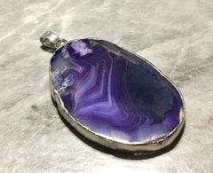 XL Sterling Silver Dipped Purple & Gray Natural Agate GRADE A slice, glass beads circle long oval mandala necklace tree ring striped pendant