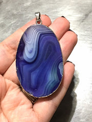 XL Sterling Silver Dipped Blue & Gray Natural Agate GRADE A slice, glass beads circle long oval mandala necklace tree ring striped pendant