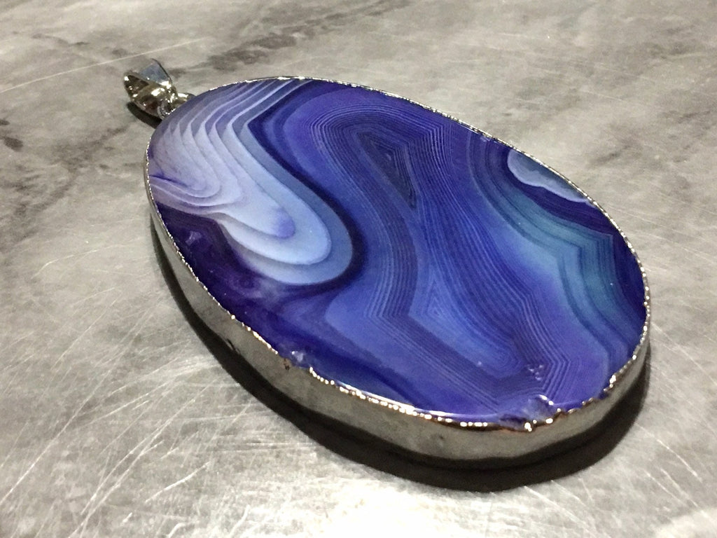 XL Sterling Silver Dipped Blue & Gray Natural Agate GRADE A slice, glass beads circle long oval mandala necklace tree ring striped pendant